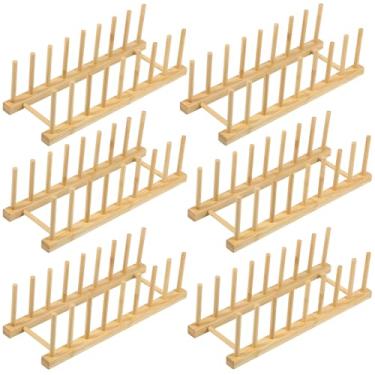 Imagem de TKSDWBLTY 6 peças de bambu escorredor de pratos de bambu rack de prato multifuncional organizador de tampa de panela fácil de usar rack de armazenamento de tigela e prato prático escorredor de pratos