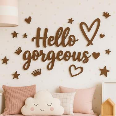 Imagem de Woodamore Decoração de parede Hello Gorgeous - Placa Hello Beautiful, decoração de camarim, decoração de armário de quarto feminino estética para mulheres, arte de parede 3D com palavras de madeira