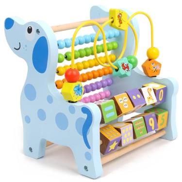 Imagem de Ábaco Educativo Infantil Montessori, Brinquedo de Madeira com Design de Animais, Blocos Numéricos e Contas Coloridas (Azul - Cachorrinho)