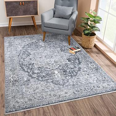 Imagem de Bloom Rugs Tapete lavável antiderrapante 2x3 - Tapete de área oriental tradicional cinza/azul escuro para sala de estar, quarto, sala de jantar e cozinha - Tamanho exato: 2' x 3'