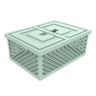 Imagem de Cesto Organizador com Tampa Verde Menta Caixa Plástica Grande Crippa Brinquedos Closet