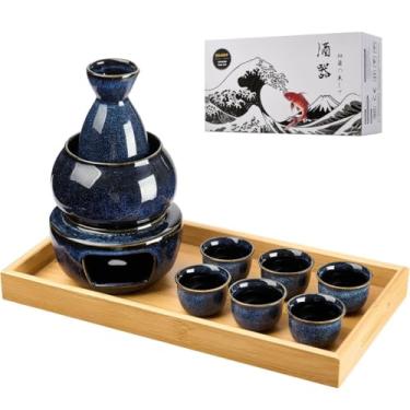 Imagem de DUJUST Conjunto de 10 peças de saquê japonês para 6, conjunto de saquê de porcelana com esmalte alterado, 6 copos de saquê, 1 garrafa de saquê, 1 aquecedor, 1 fogão de vela, 1 bandeja e 1 caixa, jarra