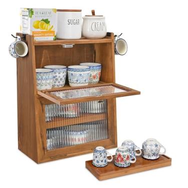 Imagem de Ikee Design Armário de armazenamento de bancada de madeira rústica de 2 camadas com portas onduladas, organizador de armário com bandeja de chá de bambu removível, para despensa de cozinha, copos, cor