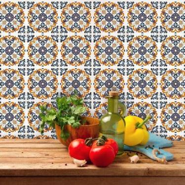 Imagem de Papel de Parede Azulejo Auoadesivo em Tons de Laranja e Azul - Inove P