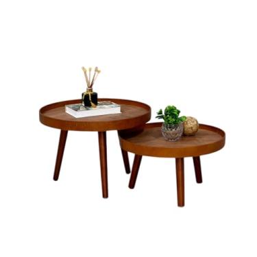 Imagem de Mesa de Centro Redonda Barcelona com Tampo de Madeira 50mm e Pés Palito, Conjunto com 2 Mesas Modernas (Tampos Madeirado)