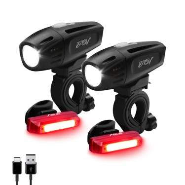 Imagem de BV Conjunto de luzes de bicicleta super brilhantes recarregável por USB – farol e lanterna traseira, luz de bicicleta IP44 à prova d'água, 3 modos de luz, incluindo modo flash para segurança, fácil de