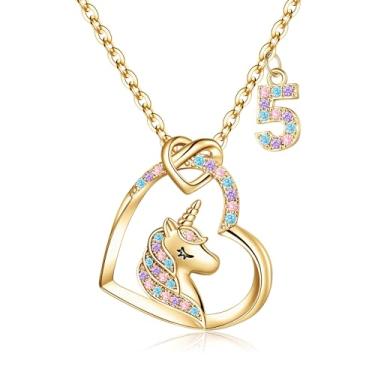 Imagem de Hidepoo Presentes de unicórnio de aniversário para meninas – Colar de unicórnio banhado a ouro 14 K, presentes de aniversário para meninas de 3 a 16 anos, colar de unicórnio com pingente de coração de zircônia cúbica colorido para meninas, joias de presente, Metal, Zircônia cúbica