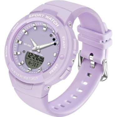 Imagem de findtime Relógios digitais analógicos roxos, esportivos, à prova d'água, mostrador duplo, retroiluminação de LED, relógio de pulso luminoso com alarme, cronômetro, colorido, moderno, feminino