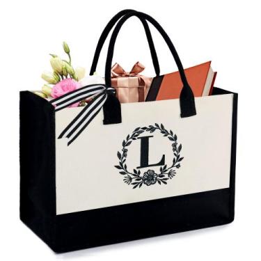 Imagem de Sacola com design de monograma em lona verde bege para mulheres - BeeG