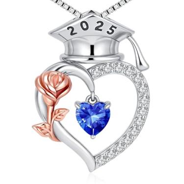 Imagem de SLOONG Presentes de graduação universitária para mulheres, prata esterlina S925 coração pedra do mês de nascimento colar rosa boné graduação, classe de 2025 ensino médio presentes de formatura para