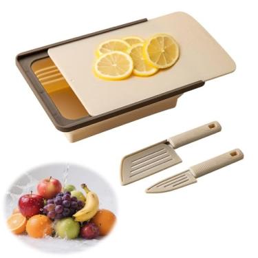 Imagem de BunnyCare Conjunto de cesta de escorredor de cozinha dobrável com tábua de cortar e facas, cesta organizadora, grande capacidade, economia de espaço, organização de campista, essenciais de piquenique