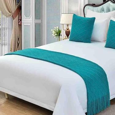 Imagem de Cachecóis para cama de hotel que não desbota lenço de cama com borlas toalha de cama boêmia roupa de cama decorativa de tricô cobertor para cama solteiro queen king size azul ||solteiro