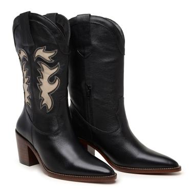 Imagem de Bota Feminina Western Couro Anna Andrada Texana Cano Alto Sola Couro Tendência Preto  feminino