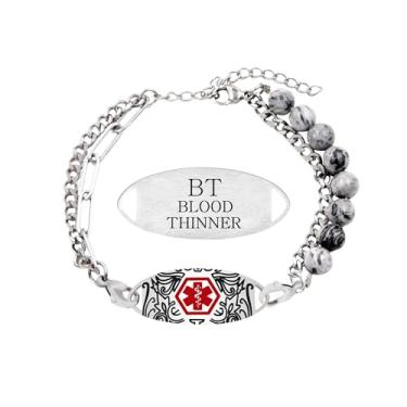 Imagem de Oneress Pulseira impermeável de alerta médico, contas de pedra ajustável com etiqueta de aço inoxidável, joias para diabéticos, pulseiras de alerta Eliquis para mulheres YA5493, Emergency Jewelry For
