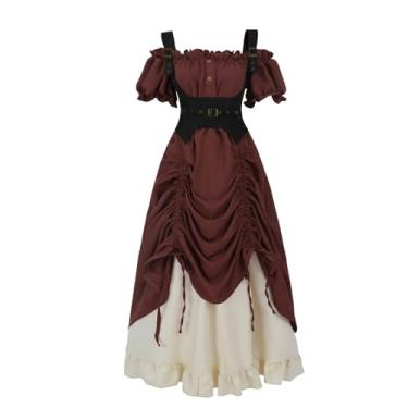 Imagem de Nuoqi Fantasia renascentista feminina com ombro de fora, camisa camponesa com cordão, saia vitoriana, vermelha, 2GG