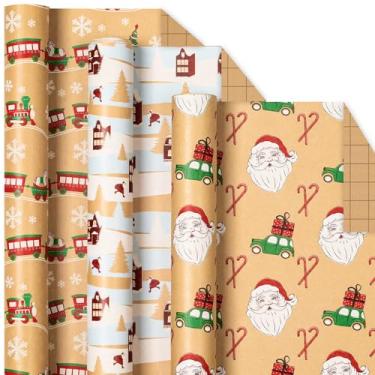 Imagem de Yarcony Kraft Rolos de papel de embrulho de Natal, papel de embrulho de Papai Noel, Papai Noel festivo, casa, papel de embrulho de presente de Natal com padrão de caminhão vermelho (43 cm x 300 cm, 3
