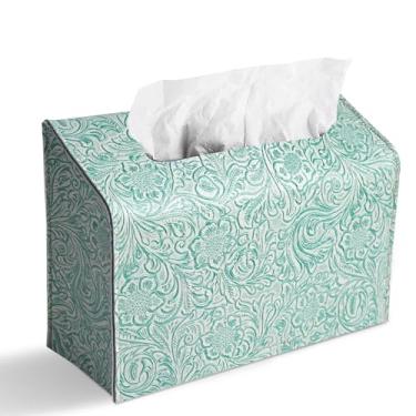 Imagem de QIELIZI Capa de caixa de toalhas de mão, suporte de caixa de lenços de couro PU compatível com toalhas de mão de papel descartáveis Kleenex adequado para jantar, cozinha, banheiro (1-verde esculpido2)