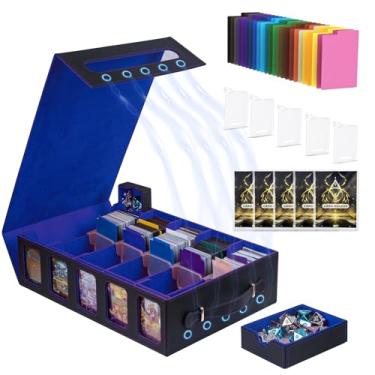Imagem de Tiff-K 5 fileiras MTG Deck Box Commander, caixa de baralho TCG caixa de armazenamento de cartões colecionáveis com bandeja de dados de janela, preto e azul