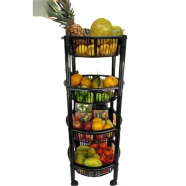 Imagem de Fruteira Cesto Organizador Fruteira 4 Andares Preta Empilhável Com Roda Fácil Montagem Resistente