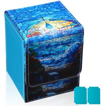 Imagem de Wonderjune Leather Card Deck Case Compatible with MTG Cards Holds 120+ Trading Cards Strong Magnet Storage Card Box with 2 Dividers Compatible with TCG CCG(Blue,Vertical Drop)