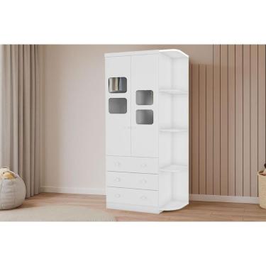 Imagem de Guarda Roupa Infantil c/ 2 Portas Cristal e 3 Gavetas Uli Branco - Peroba