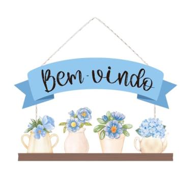 Imagem de Placa Decorativa Bem Vindo para Entrada Porta Parede com Flores - Escolha a Cor (Azul)