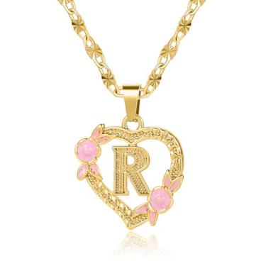 Imagem de Qitian Colar com inicial de coração para mulheres, coração, letra dourada, nome A-Z, nome alfabeto, pingente colar para presente de menina, Ouro, Sem Pedra Preciosa