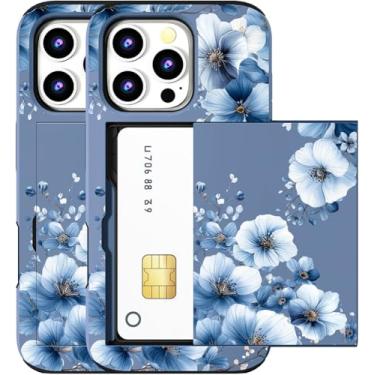 Imagem de MUQR Capa compatível com iPhone 16 Pro com porta-cartão fofo - Capa tipo carteira robusta com design Kawaii, proteção contra quedas de grau militar (flores retrô elegantes azuis)