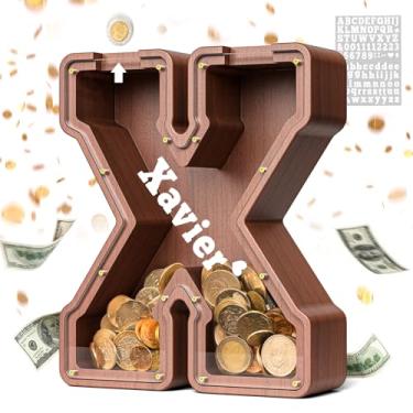 Imagem de SummiDate Cofrinho de madeira extragrossa | Cofrinho de 4 cm para meninos e meninas | Alfabeto Dinheiro | Presente de aniversário para crianças | Presente de aniversário para crianças (X)