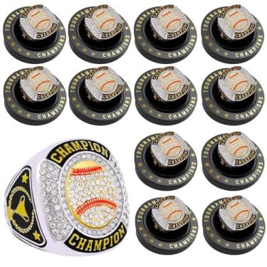 Imagem de 12 peças anel de beisebol softbol beisebol campeonato anel esporte bola troféu presente com corrente de pescoço de exibição e suporte para campeão de torneio ou campeão da liga (12 peças de anéis de