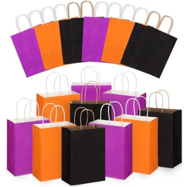 Imagem de Skyygemm 32 sacos de presente de papel a granel com alça, 15 x 8,2 x 21 cm cores sortidas Kraft Goodie sacos de embrulho para decoração de festa de aniversário (roxo, laranja e preto)