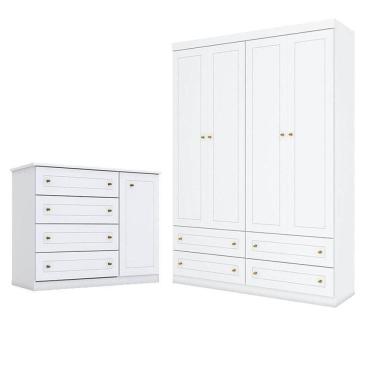 Imagem de Cômoda E Guarda Roupa Infantil Americano 4 Portas Branco - Henn