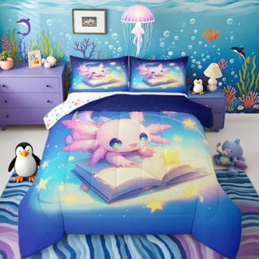 Imagem de Jogo de cama fofo Axolotl para meninas, meninos, crianças, solteiro, salamandra, decoração de quarto, edredom kawaii, oceano, vida marinha, 2 peças, roupa de cama de animal, respirável, macia e leve