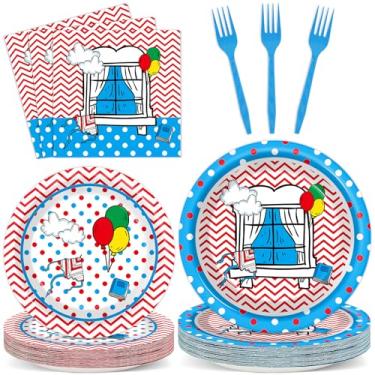 Imagem de 96 peças de gato com chapéu, suprimentos para festa de aniversário, desenhos animados, pratos e guardanapos de papel de aniversário, listras vermelhas e azuis, conjunto de utensílios de mesa