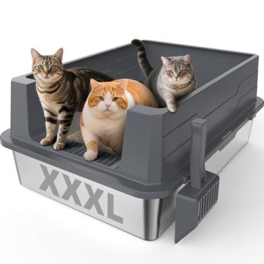 Imagem de Caixa de areia de aço inoxidável XXXL | Caixas de areia extra grandes fechadas para gatos com tampa para gatos grandes e multi-gatos | Lado alto, antivazamento de urina | Antiaderente (cinza escuro)