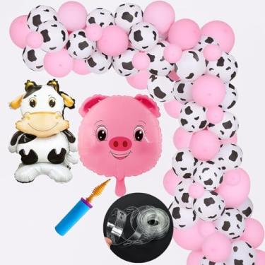 Imagem de Kit Festa Decoração Fazendinha: 50 Balões Látex Vaquinha e Rosa + Bomba + Balão Porquinho + Fita Arco 5m