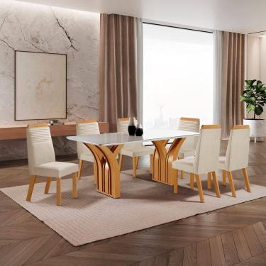 Imagem de Conjunto de Jantar Mesa Miami Tampo Mdf e Vidro com 6 Cadeiras Catar Yescasa Castanho Cinamomo/Creme/Off White