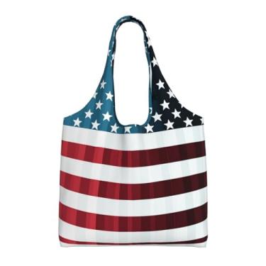 Imagem de GlbnSHeric Bolsa feminina reutilizável de compras de lona com borboleta azul cereja bolsa de ombro dobrável, Bandeira listrada de desenho animado, One Size