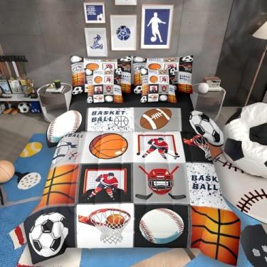 Imagem de Erosebridal Jogo de cama queen de basquete para meninos, beisebol, futebol americano, 7 peças, bola esportiva, jogos, cama em uma bolsa, campo de rúgbi, futebol, basquete, decoração de quarto