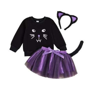 Imagem de Bonangber Fantasia infantil de Halloween para meninas, fantasia de gato preto, manga comprida, moletom com gola redonda, saia tutu (A-preto roxo, 4-5T)