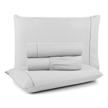 Imagem de Jogo de Lençol Queen Box com Elástico, 400 Fios Micropercal, 3 Peças com Ponto Palito, Cinza, 198x158x30cm (branco)