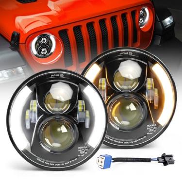 Imagem de Jumpdy Farol de LED de 17 cm redondo halo Angel Eyes DRL Luzes de seta âmbar aprovadas pelo DOT e E-Mark, faróis de LED H6024 com adaptador H4 H13 compatível com Wrangler JK TJ LJ CJ, 2 peças