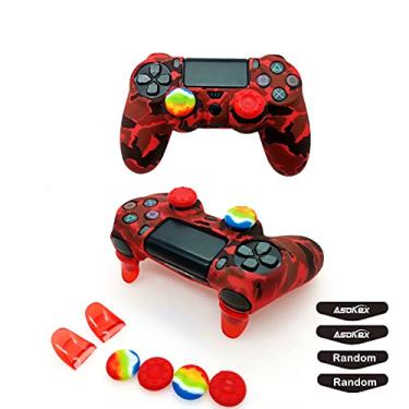 Imagem de Capa de silicone para controle Ps4 (1 capa antiderrapante, 1 par extensor de gatilho L2 R2, 4 peças de apoio para polegar, 4 peças de protetor de barra de luz de LED para controle DualShock PS4/Slim/Pro, Red camouflage
