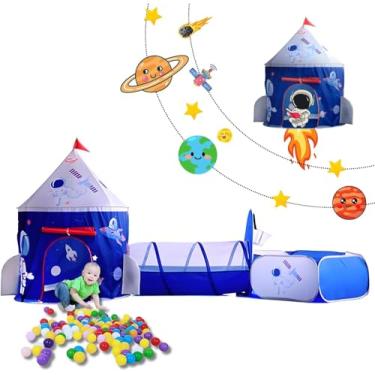 Imagem de Barraca Astronauta Toca Túnel c/Cesta Basquete - 3 em 1, Menina ou Menino em Cabana Infantil para Uso Interno e Ar Livre com piscina de bolinhas, briquedo interativo para brincar longe de telas
