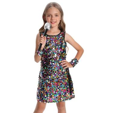 Imagem de Happy Cherry Vestido feminino de lantejoulas brilhantes sem mangas, vestido de princesa, conjunto de roupa de festa com pulseiras, microfone adereço 5-13, Preto, 10-11 Anos