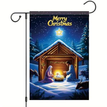 Imagem de Saoplasa Bandeira de jardim de Natal Presépio Bebê Jesus Manjedoura 30,5 x 45,7 cm Faixa dupla face para quintal externo Feliz Natal Noite Santa Religiosa Decoração de férias de inverno
