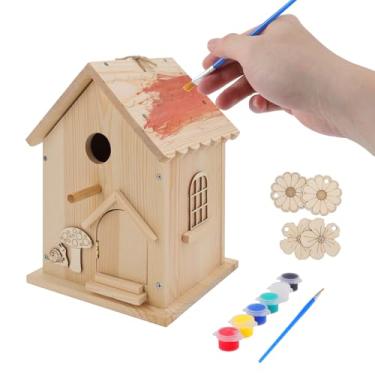 Imagem de Lalafancy Kit de casa de pássaros de madeira DIY para crianças e adultos, kits de casa de pássaros para uso externo com tiras de tinta, artesanato de madeira para adultos, casa de pássaros pendurada