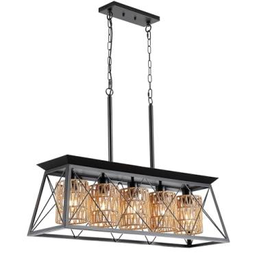 Imagem de Sheenkarion Lustre de vime para sala de jantar, cozinha, ilha, luminária, lustres de cozinha pretos modernos sobre mesa, luminária pendente retangular rústica boho de 5 luzes