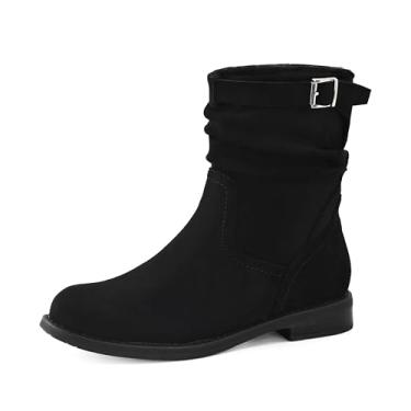 Imagem de Shoe'N Tale Botas femininas de cano médio, bico redondo despojado, salto baixo, com zíper lateral, Camurça preta, 40