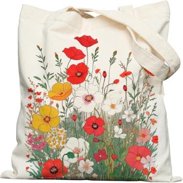 Imagem de Dyale Bolsa feminina de lona com fecho de pressão, sacola floral estampada dupla face com alças largas nos ombros e bolso interno para viagem, compras, trabalho, viagens